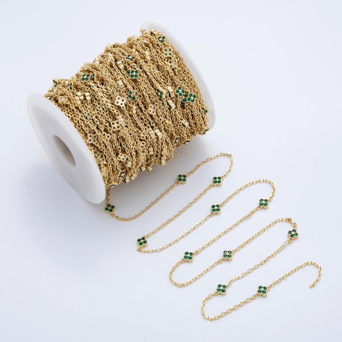 24K Gold fill Dainty Green CZ Four Leaf Lucky Clover Chain by Yard Wholesale Gold Chain Clover Cable Chain for Jewelry Making | ROLL1623