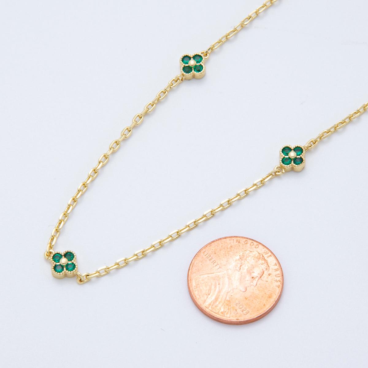 24K Gold fill Dainty Green CZ Four Leaf Lucky Clover Chain by Yard Wholesale Gold Chain Clover Cable Chain for Jewelry Making | ROLL1623