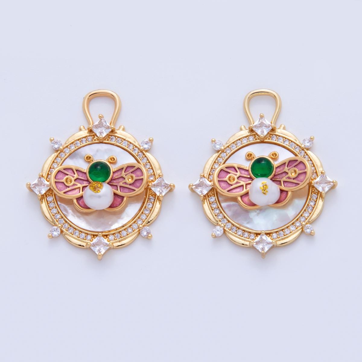 Gold Bee Charms, 18K Gold Filled Enamel Bee Pendant, CZ Round Charm with Green Gem for DIY Necklace Earring Jewelry Making AF-345