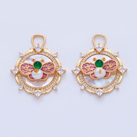 Gold Bee Charms, 18K Gold Filled Enamel Bee Pendant, CZ Round Charm with Green Gem for DIY Necklace Earring Jewelry Making AF-345