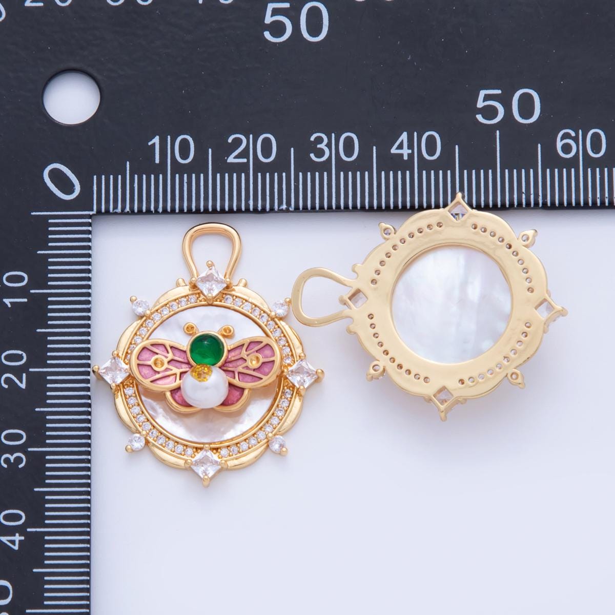 Gold Bee Charms, 18K Gold Filled Enamel Bee Pendant, CZ Round Charm with Green Gem for DIY Necklace Earring Jewelry Making AF-345