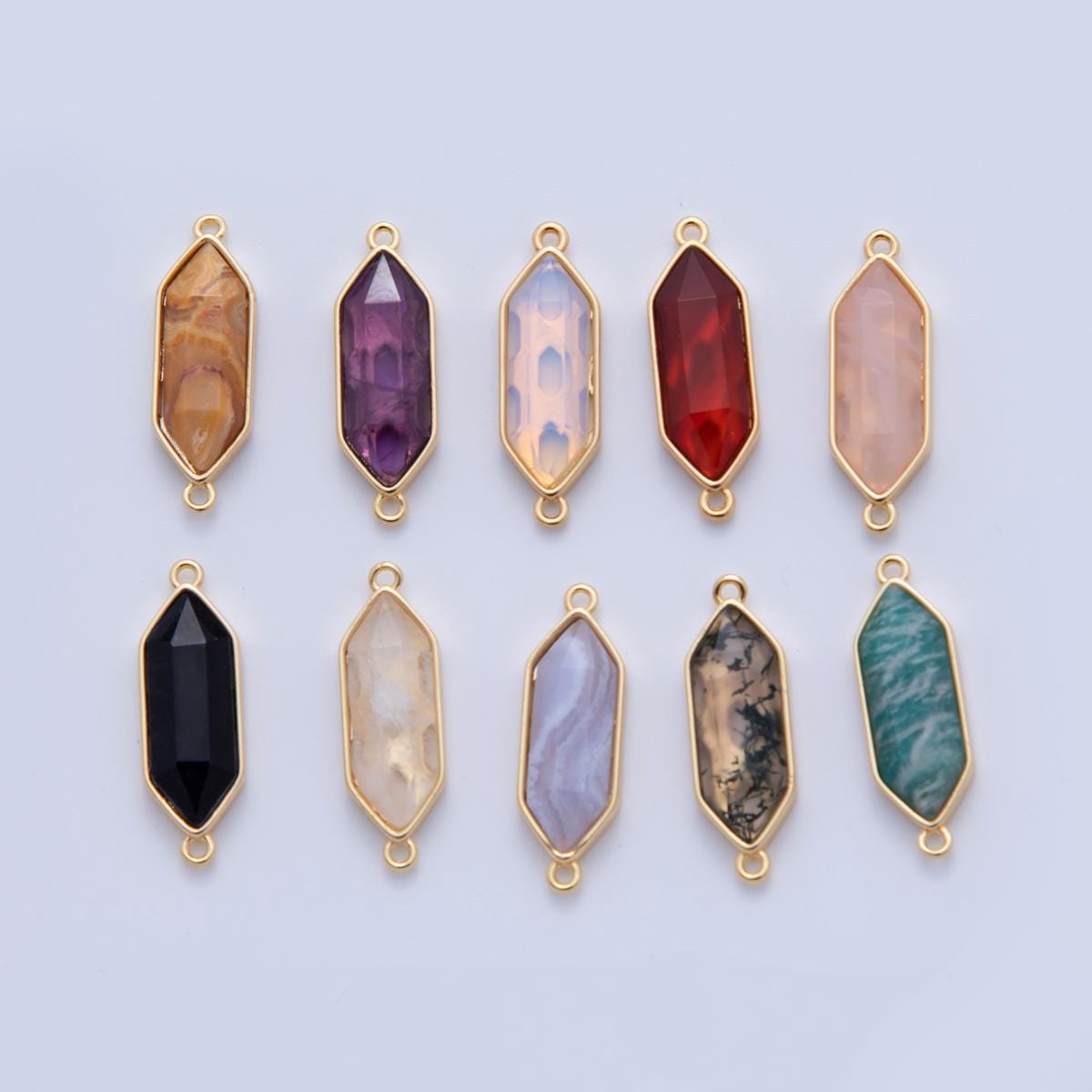 18K Gold Filled Natural Faceted Gemstone Hexagon Charm Connector for Bracelet Necklace Component | Y035 - Y044