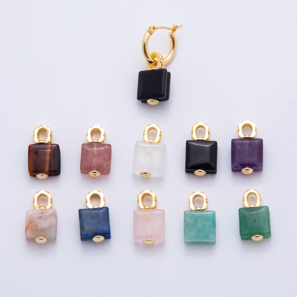 18k gold filled 10mm square natural gemstone Charm pendant with Big Hole | ah-823