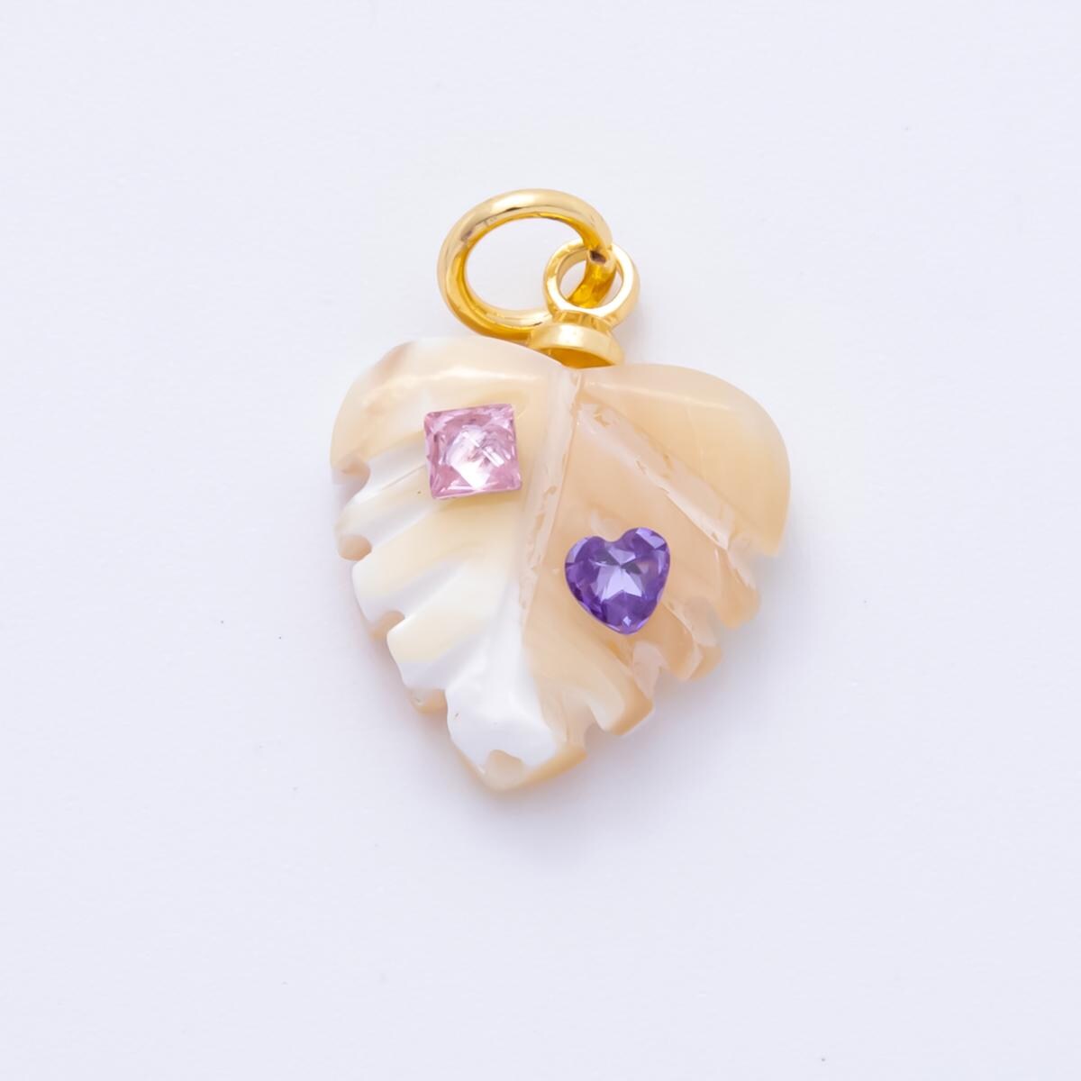 18k gold filled 14mm shell pearl heart nature monstera leaf pendant With CZ Stone | AF-833