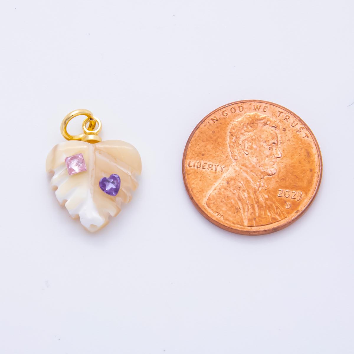 18k gold filled 14mm shell pearl heart nature monstera leaf pendant With CZ Stone | AF-833