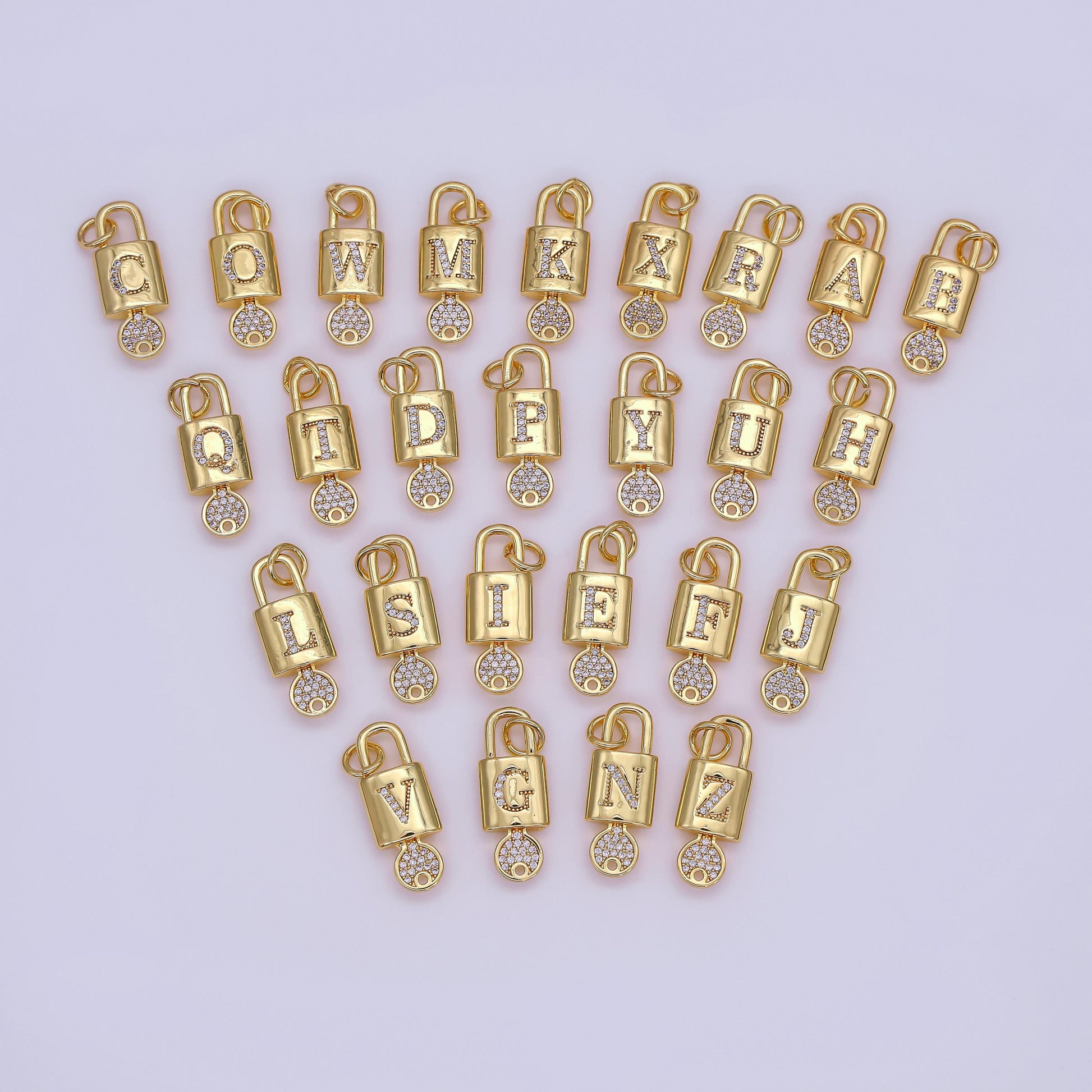 Mini 24K Gold Filled Micro Pave Initial Letter Padlock with Key Pendant Alphabet Charm for Personalized Jewelry Making Supply | AF014