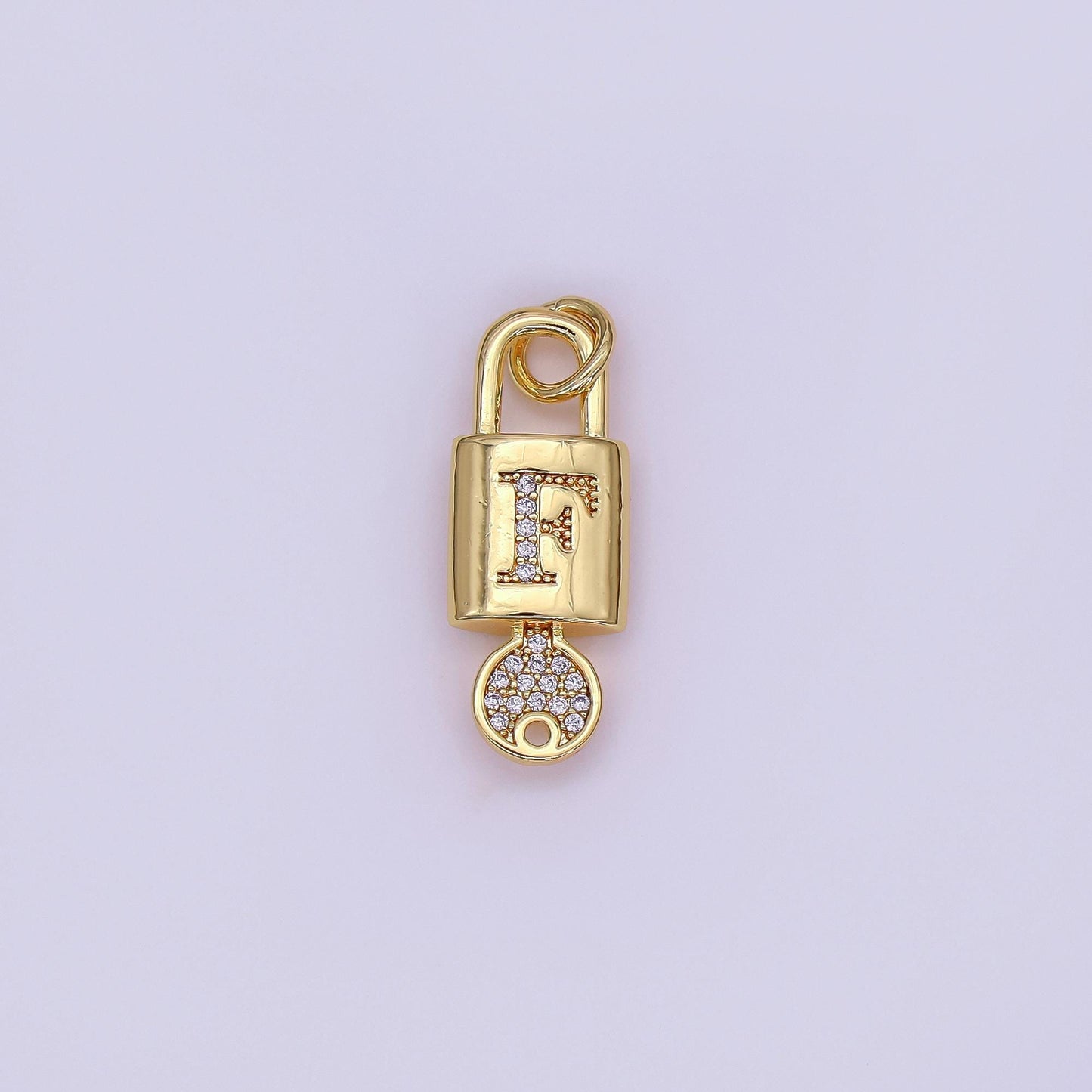 Mini 24K Gold Filled Micro Pave Initial Letter Padlock with Key Pendant Alphabet Charm for Personalized Jewelry Making Supply | AF014