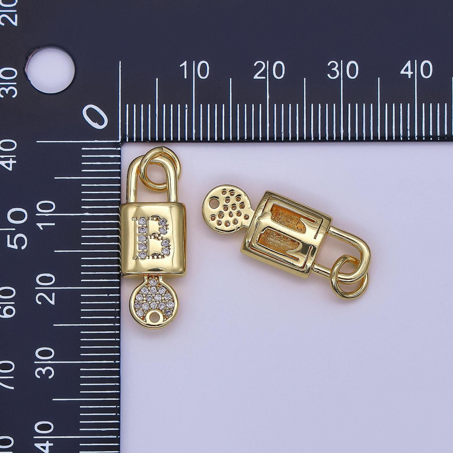 Mini 24K Gold Filled Micro Pave Initial Letter Padlock with Key Pendant Alphabet Charm for Personalized Jewelry Making Supply | AF014