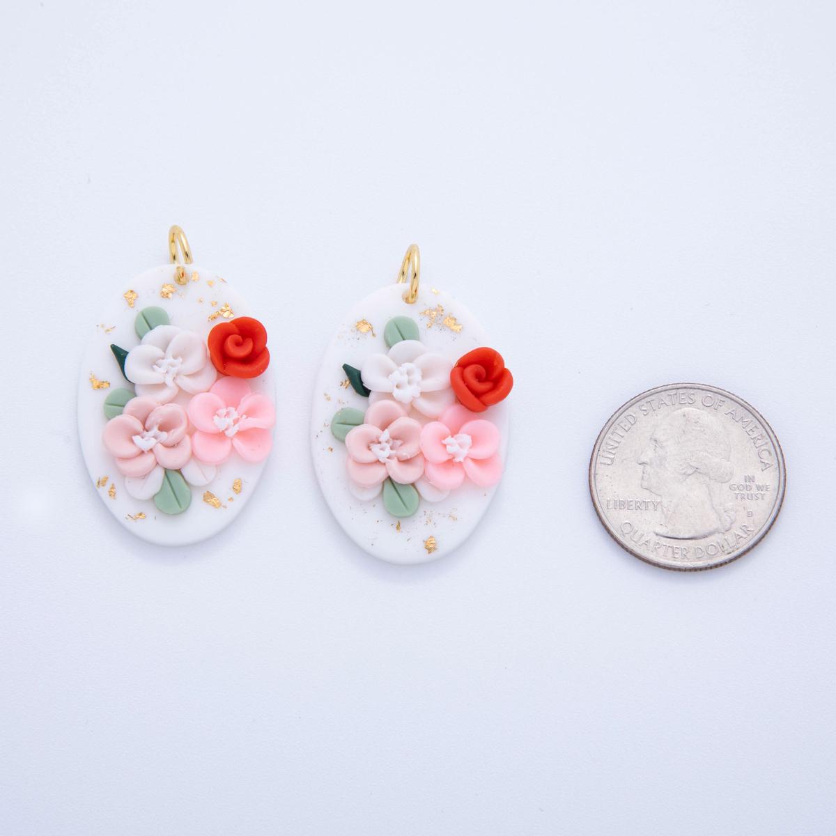 Whimsical Pink Floral Charms – Handmade Polymer Clay Oval Dangle – Pastel Boho Earring Components – Spring Jewelry DIY Supply AF-705
