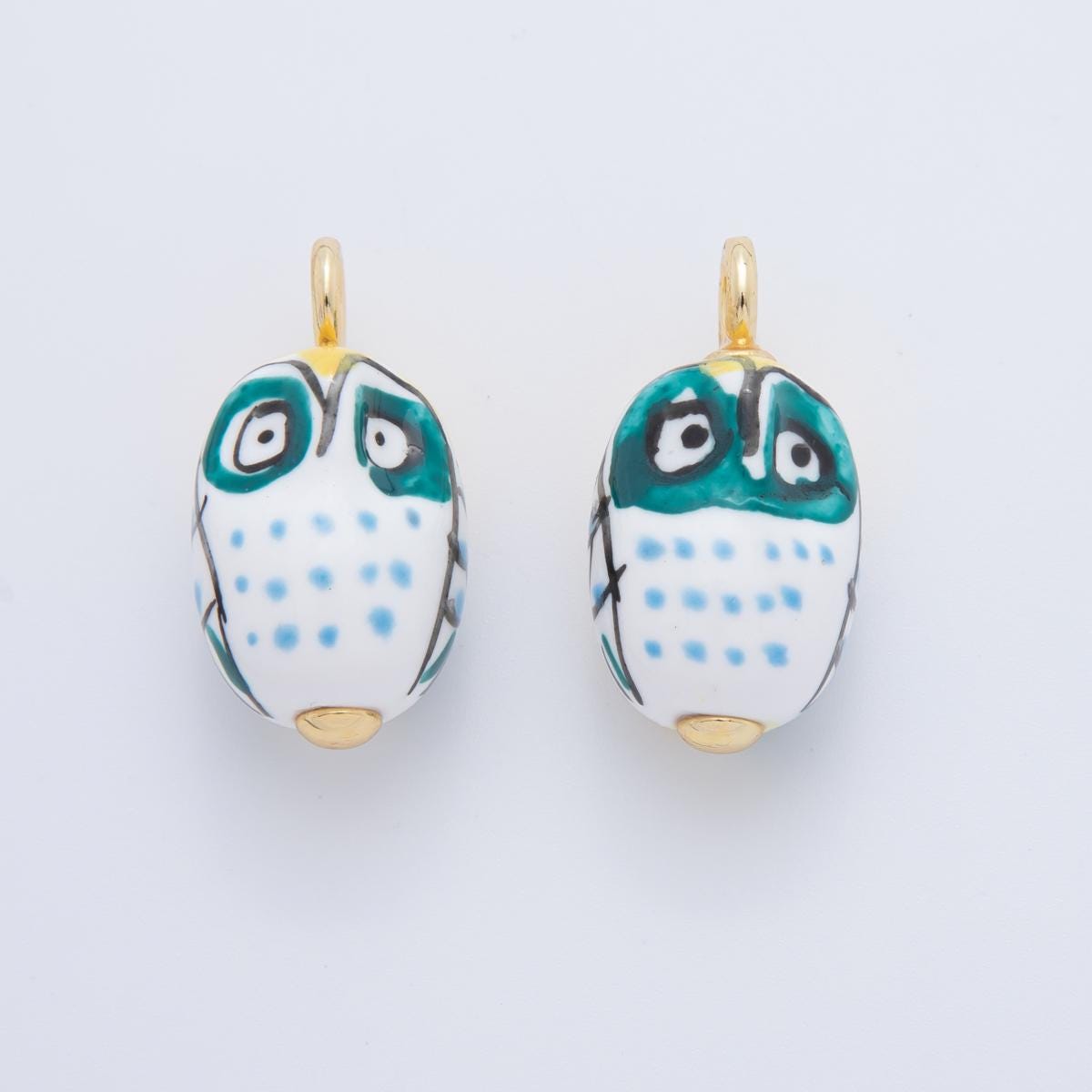 Hand painted White Ceramic Owl Pendant, 24K Gold Filled Night Owl Bird Animal Charm For Necklace Bracelet Component AF-696