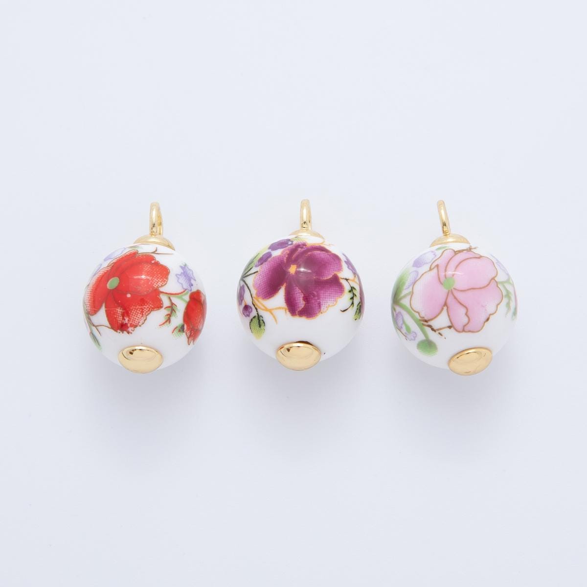 24K Gold Filled Pink Cherry Blossom Charm Sakura Round Ceramic Drop Pendant | AF-700