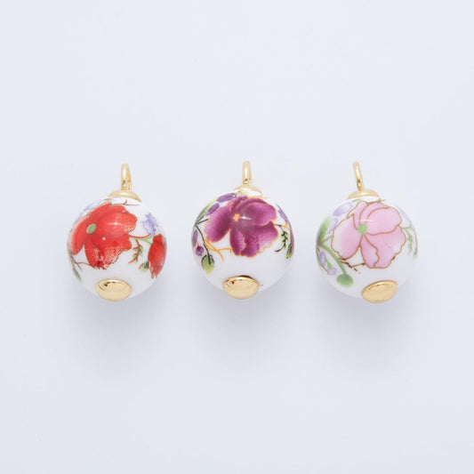 24K Gold Filled Pink Cherry Blossom Charm Sakura Round Ceramic Drop Pendant | AF-700