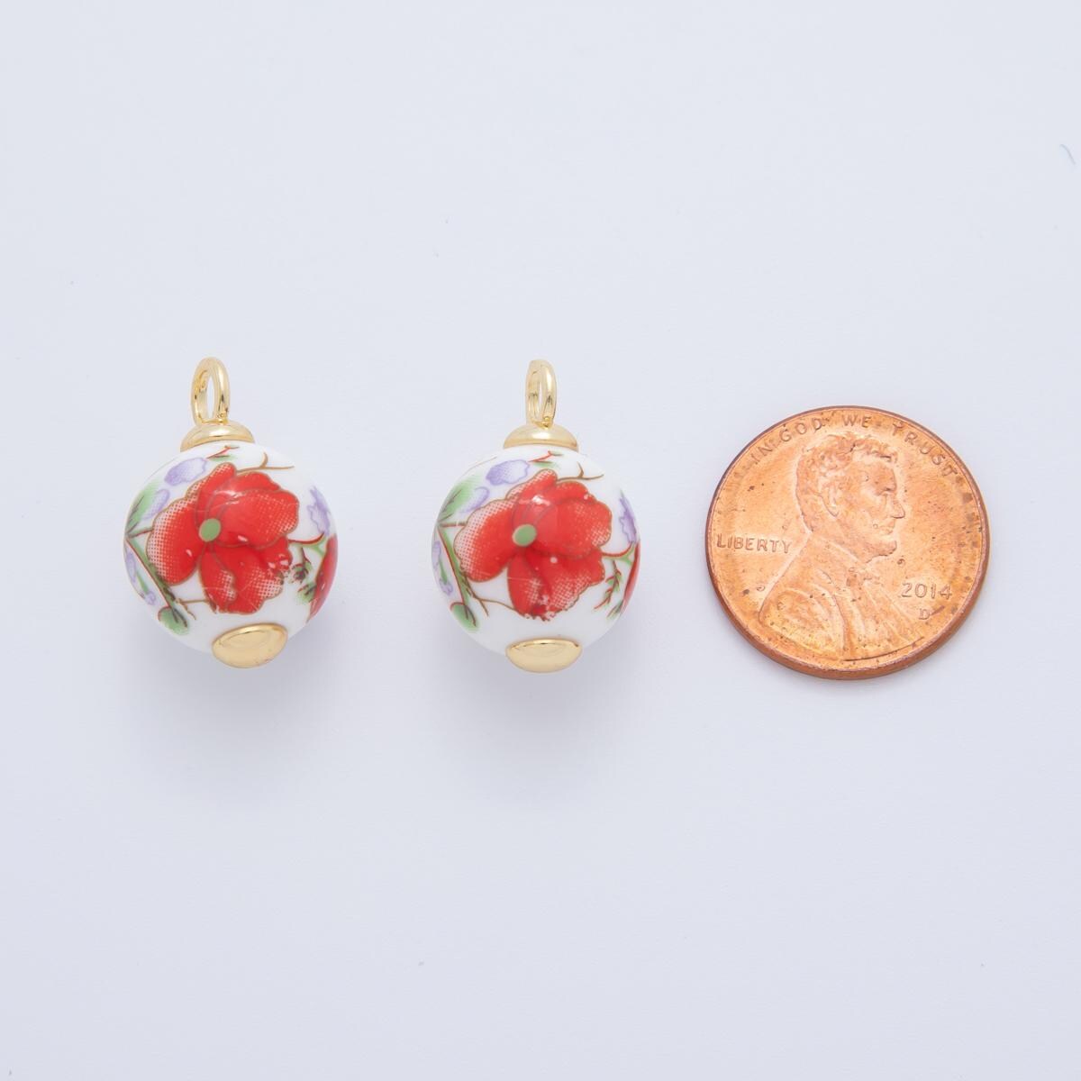 24K Gold Filled Pink Cherry Blossom Charm Sakura Round Ceramic Drop Pendant | AF-700