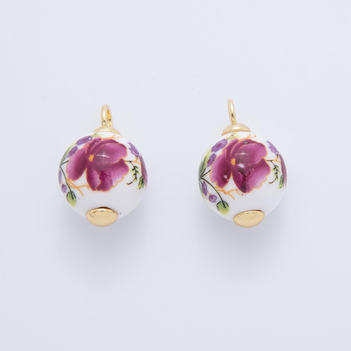24K Gold Filled Pink Cherry Blossom Charm Sakura Round Ceramic Drop Pendant | AF-700