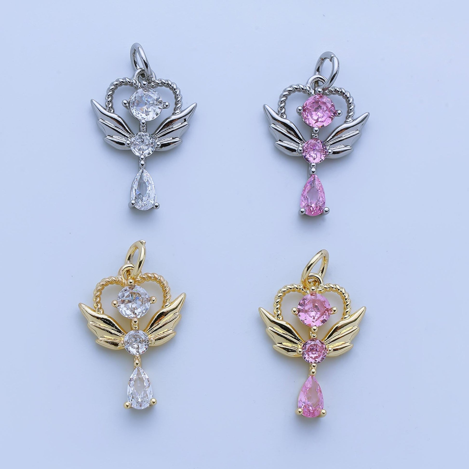 24K Gold Filled Minimalist Angel Wing Wand Pendant with CZ Stones in Gold & Silver | AJ375 AJ376