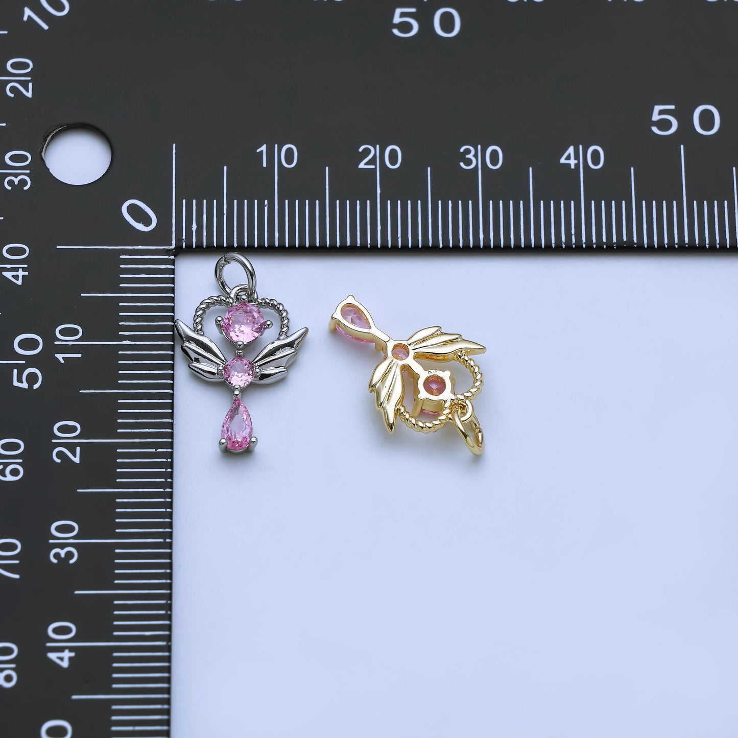 24K Gold Filled Minimalist Angel Wing Wand Pendant with CZ Stones in Gold & Silver | AJ375 AJ376