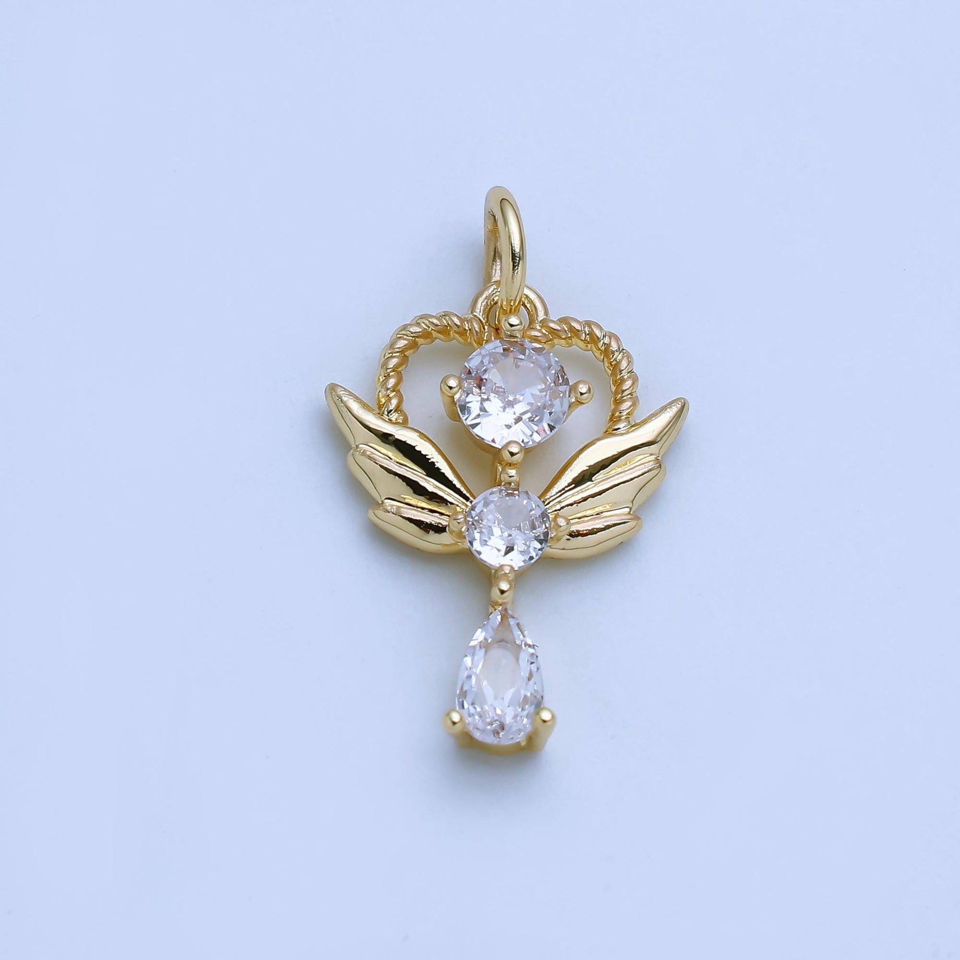 24K Gold Filled Minimalist Angel Wing Wand Pendant with CZ Stones in Gold & Silver | AJ375 AJ376