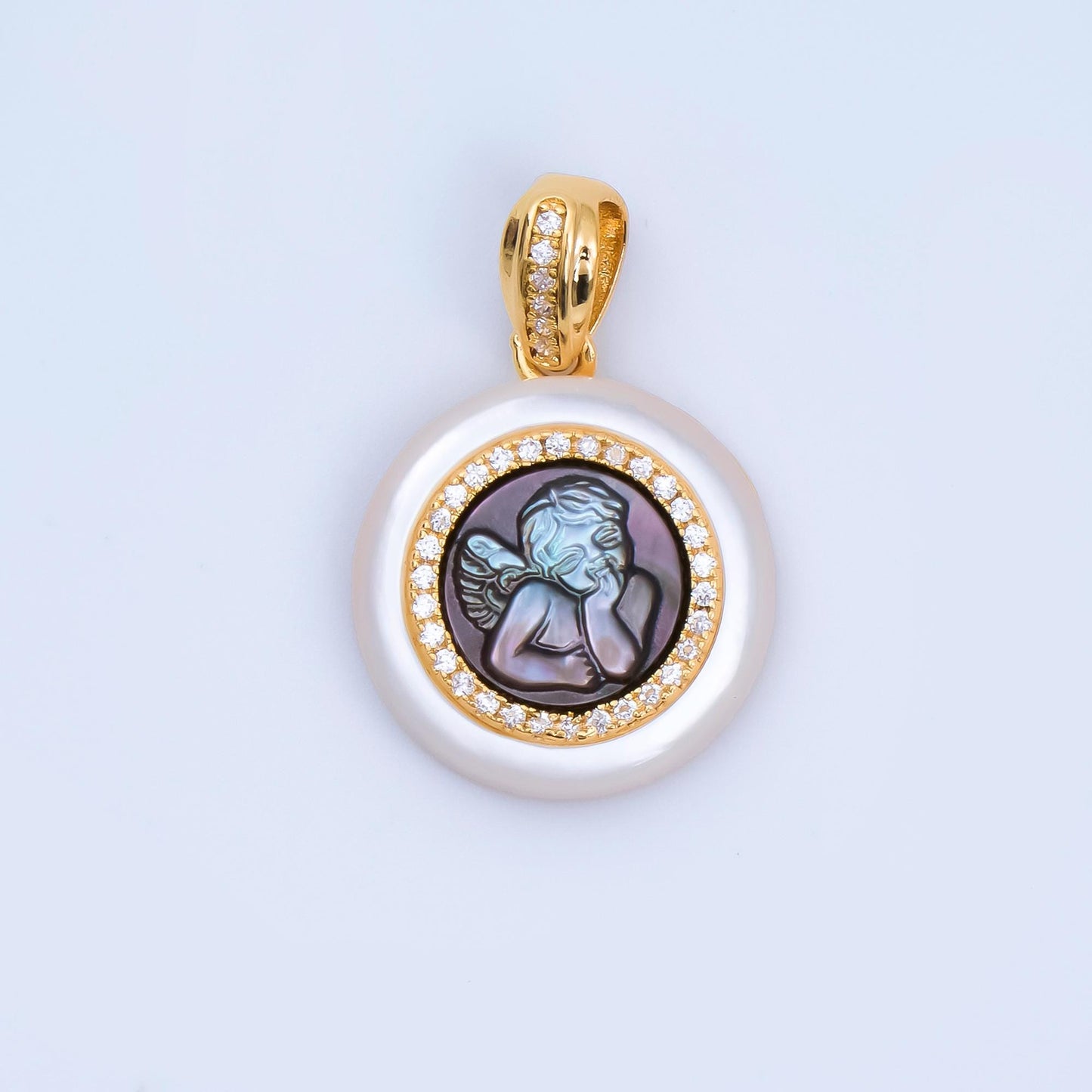 Round Baby Angel abalone 24k gold filled gemstone Pearl Cherub pendant | AH-501