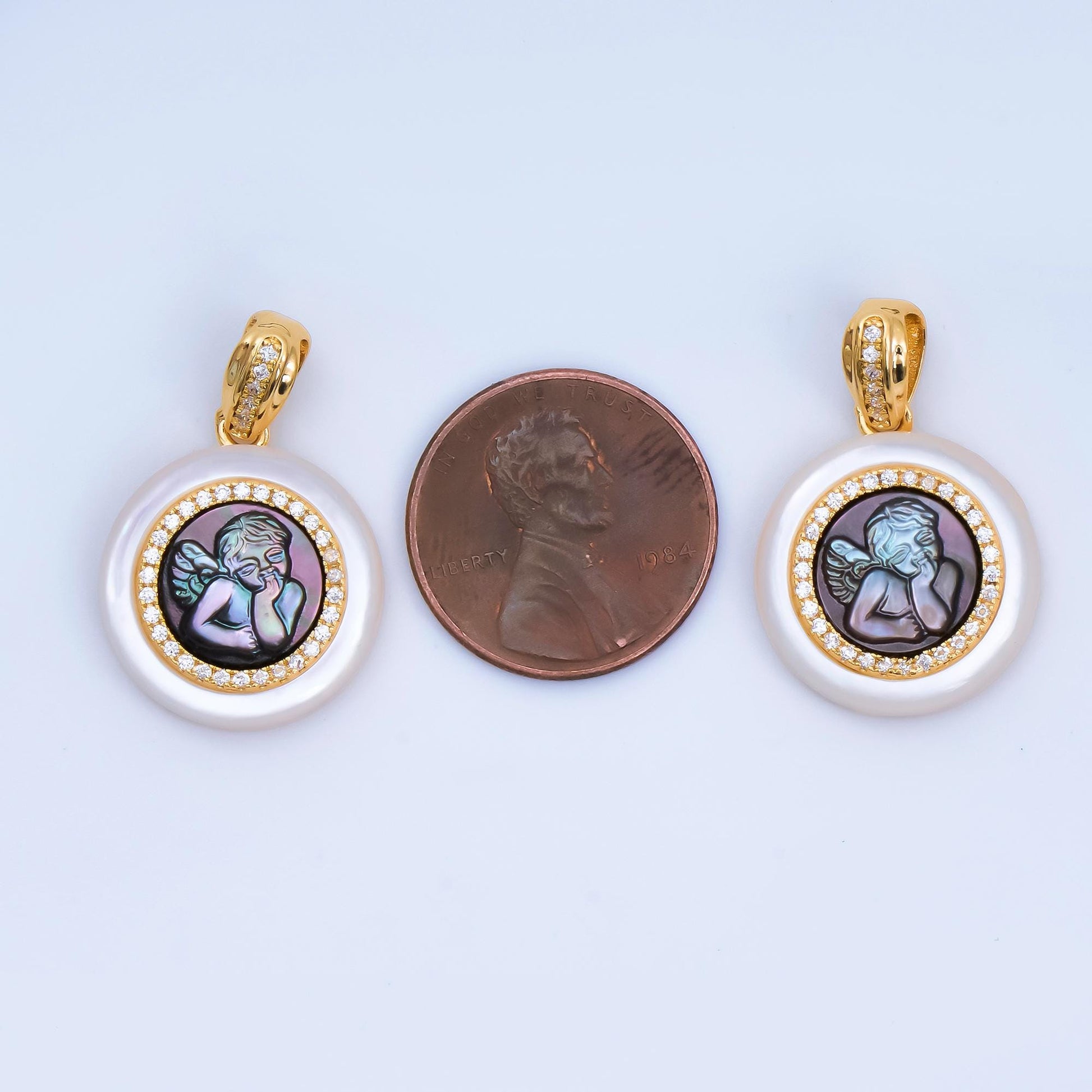 Round Baby Angel abalone 24k gold filled gemstone Pearl Cherub pendant | AH-501