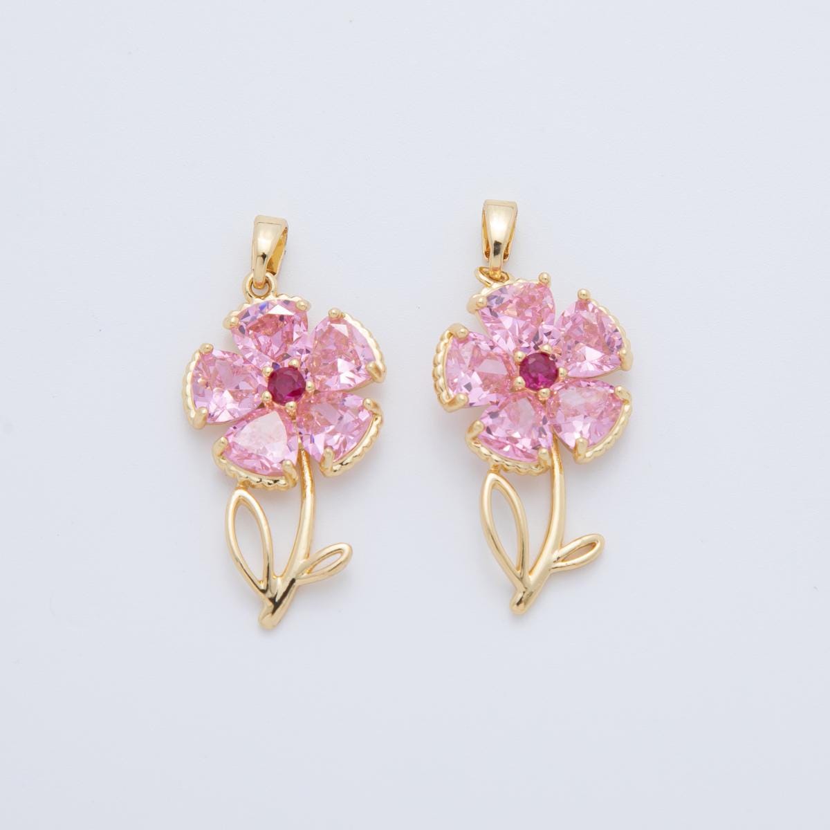 18K Gold Filled Pink, Clear CZ Flower Plant Pendant | AH778