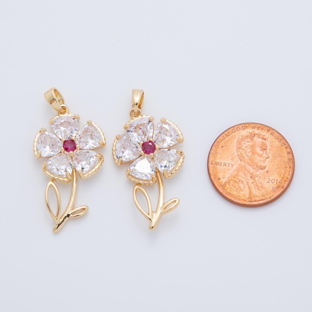18K Gold Filled Pink, Clear CZ Flower Plant Pendant | AH778