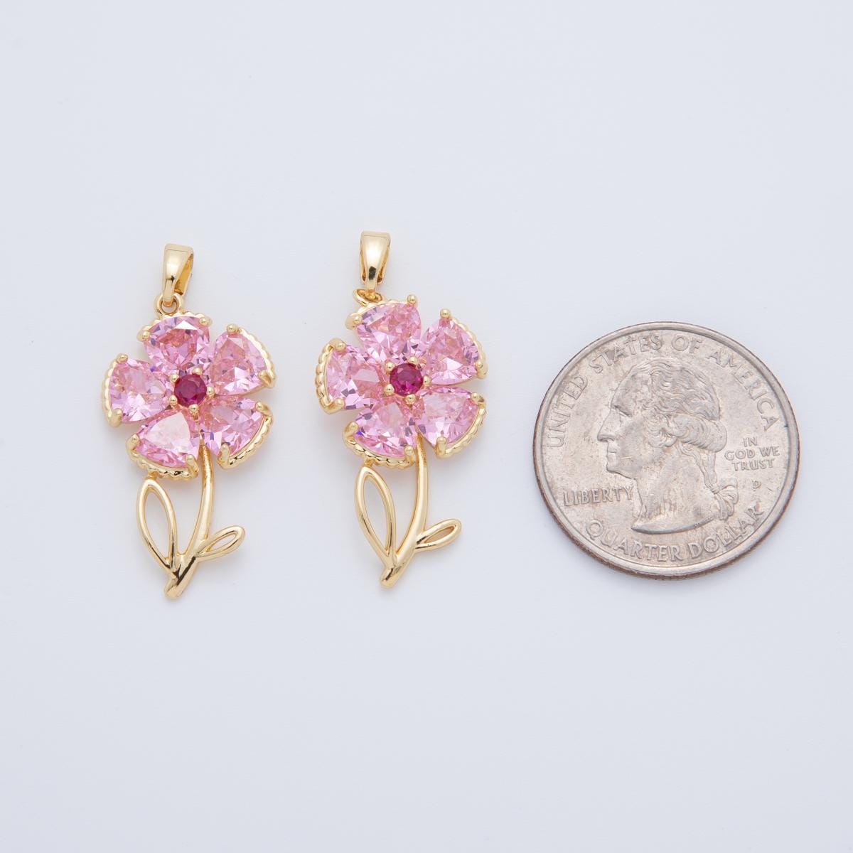 18K Gold Filled Pink, Clear CZ Flower Plant Pendant | AH778