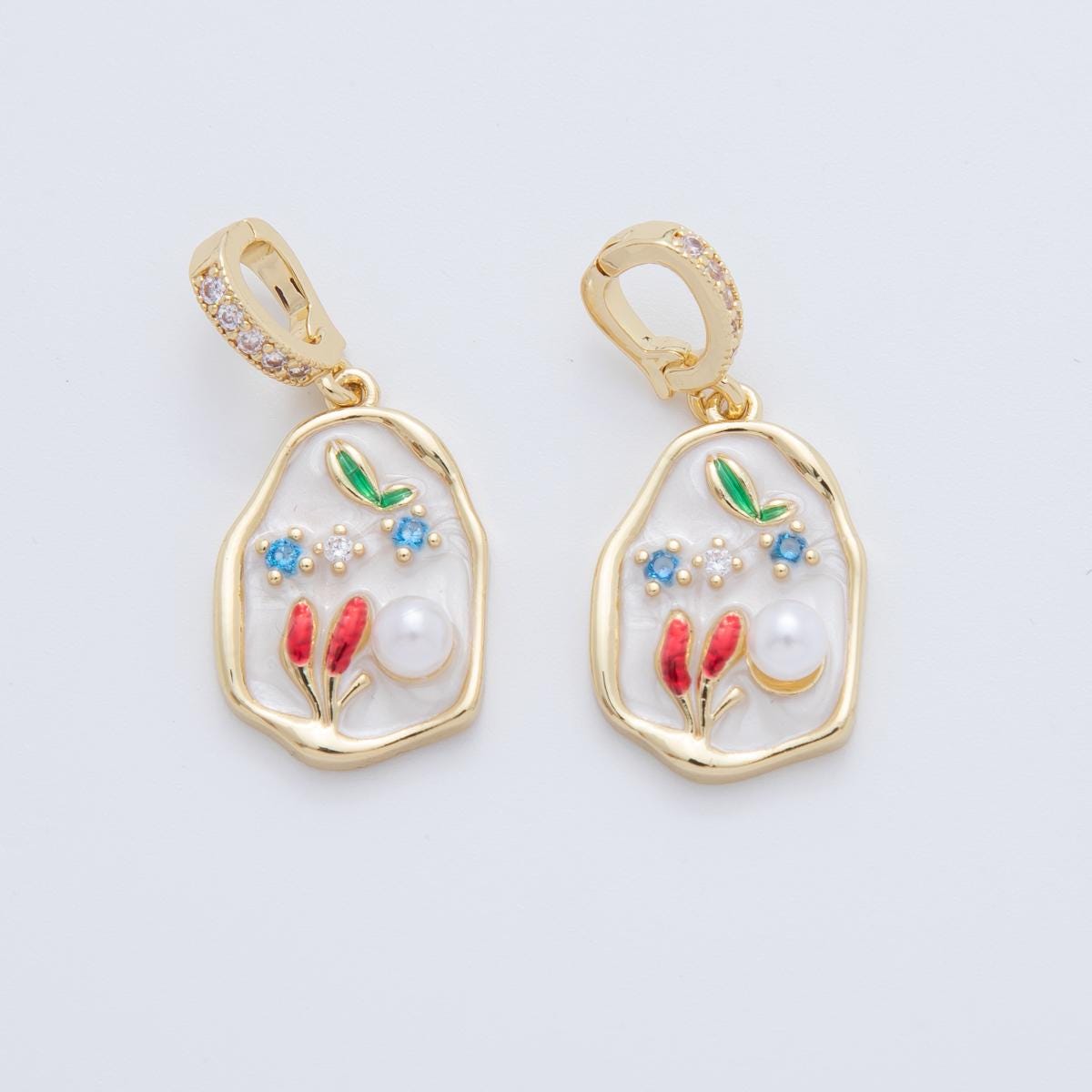 18K Gold Filled White Flower Shell Pearl Molten Drop Micro Paved CZ Snap Latch Bail Pendant | AH780