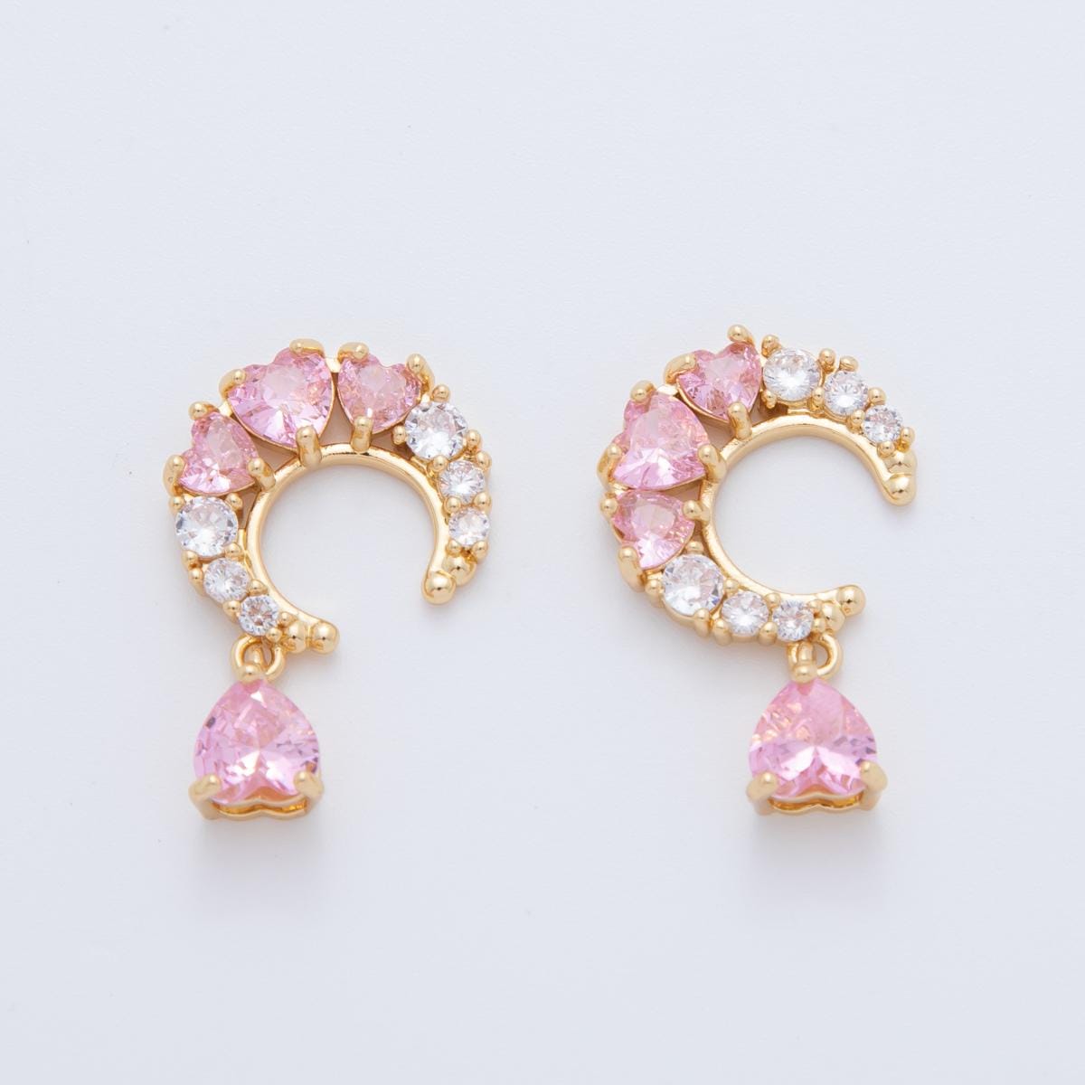 18K Gold Filled Clear Pink CZ Heart Crescent Charm | AF411
