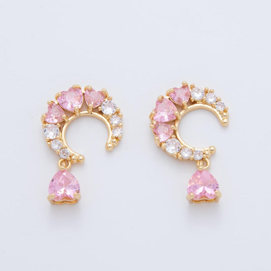 18K Gold Filled Clear Pink CZ Heart Crescent Charm | AF411
