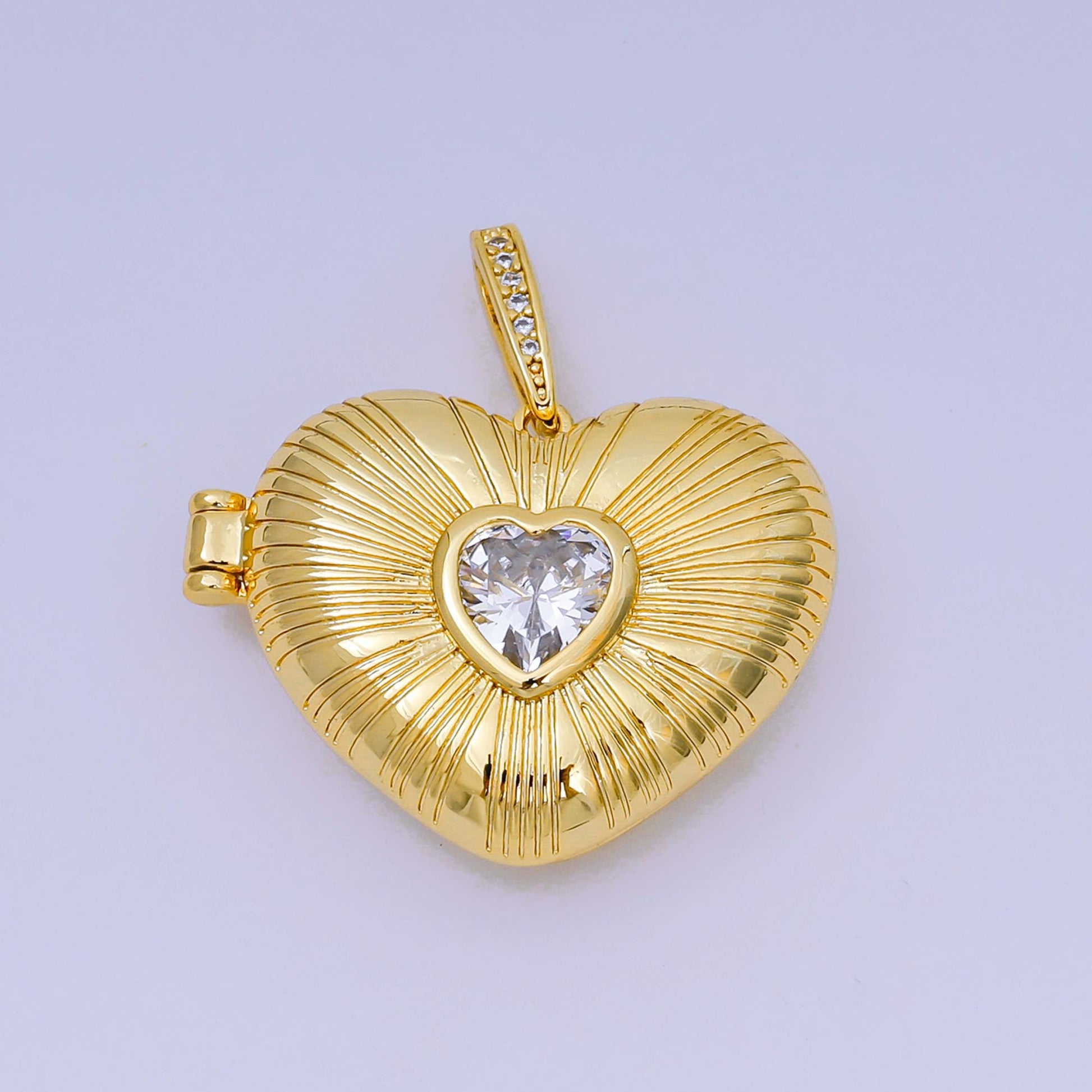 Cubic Heart Sunburst Locket Pendants Photo Locket Charm for Necklace bracelet in 24k gold filled Supply AA-1509