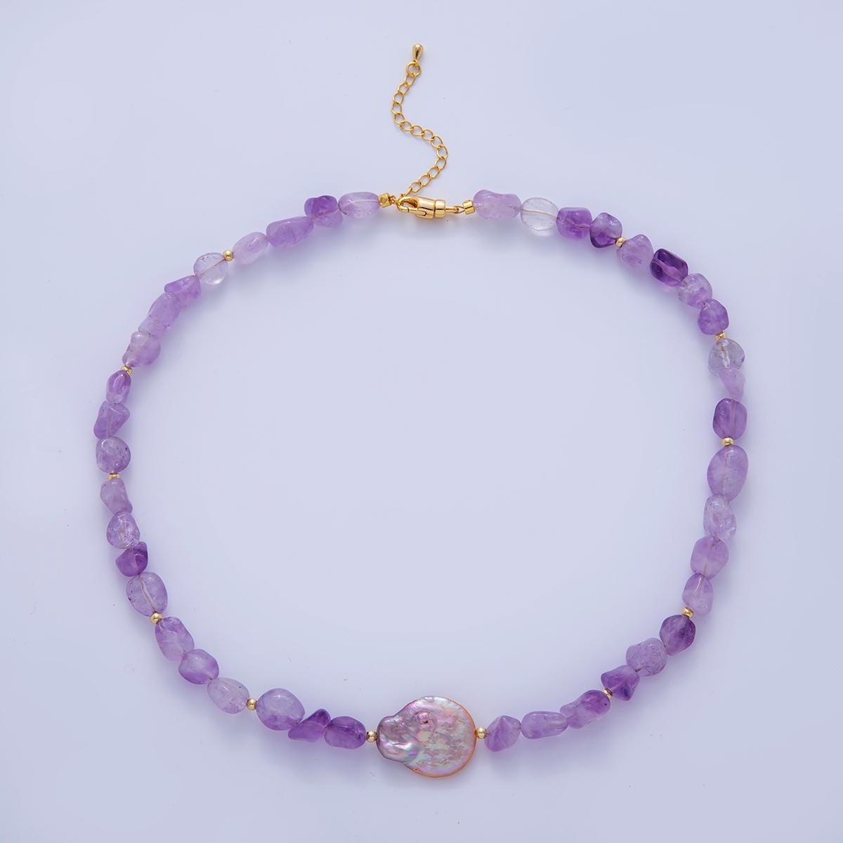 Chunky Purple Amethyst beaded necklace - 17.5" Gemstone necklace healing crystals handmade jewelry with Pearl Charm WA-1116
