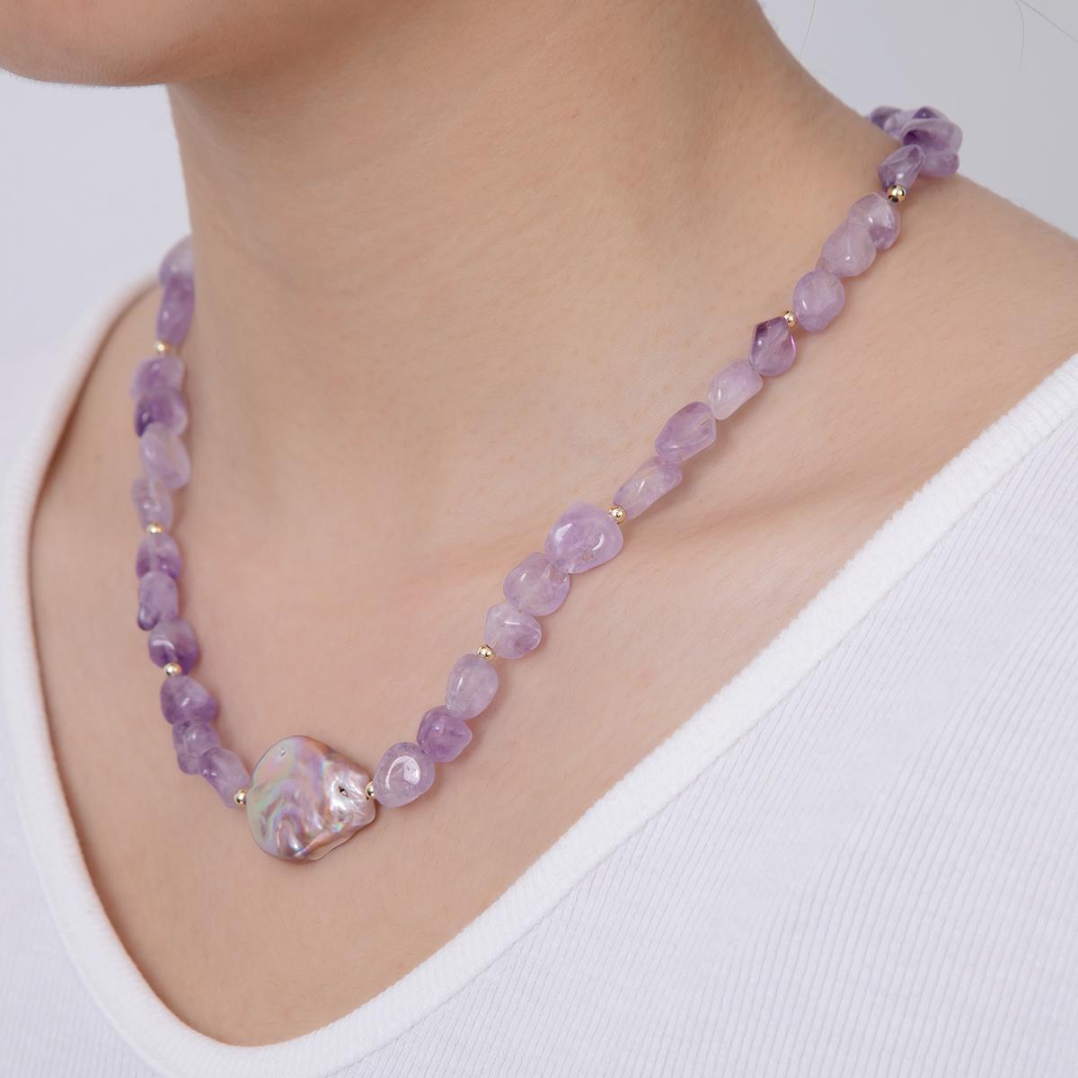 Chunky Purple Amethyst beaded necklace - 17.5" Gemstone necklace healing crystals handmade jewelry with Pearl Charm WA-1116