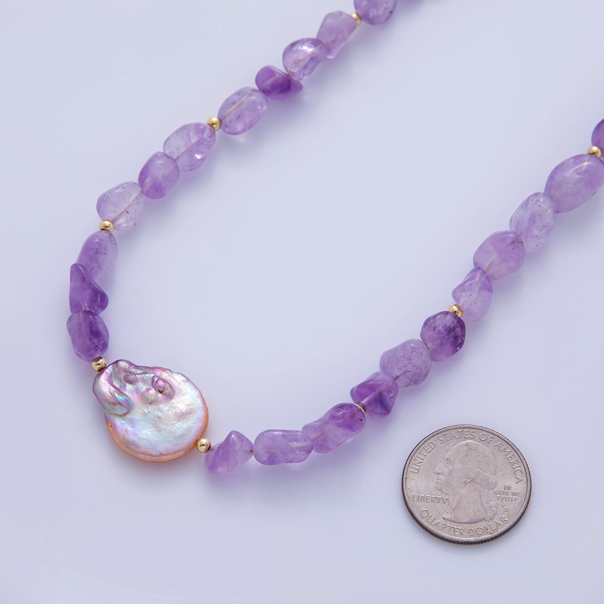 Chunky Purple Amethyst beaded necklace - 17.5" Gemstone necklace healing crystals handmade jewelry with Pearl Charm WA-1116