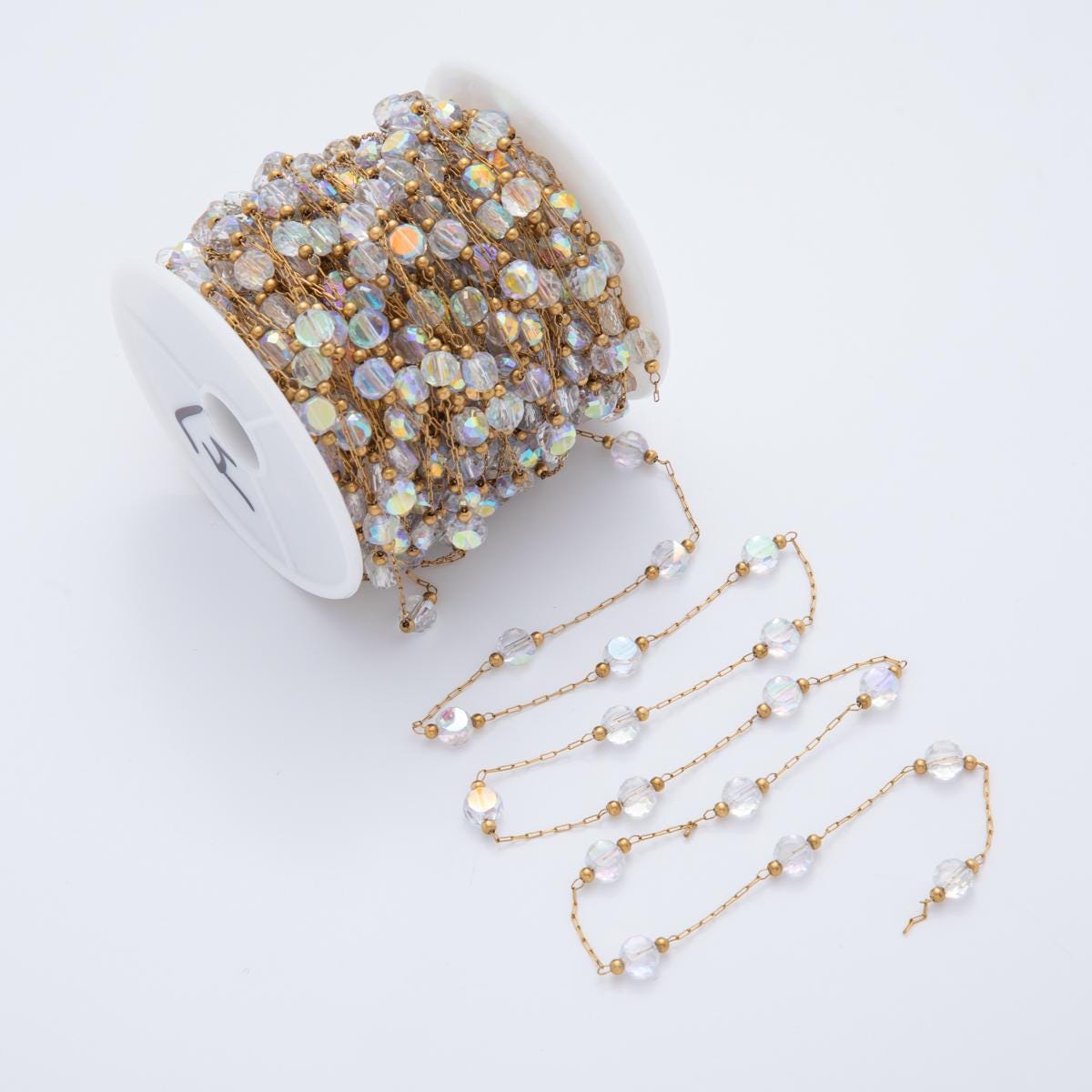 Stainless Steel Clear AB Multifaceted Round Ball Crystal Paperclip Unfinished Chain by Yard | Roll-1607