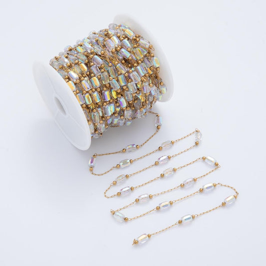 Stainless Steel Clear AB Multifaceted Tube Cylinder Crystal Paperclip Unfinished Chain by Yard | Roll-1609