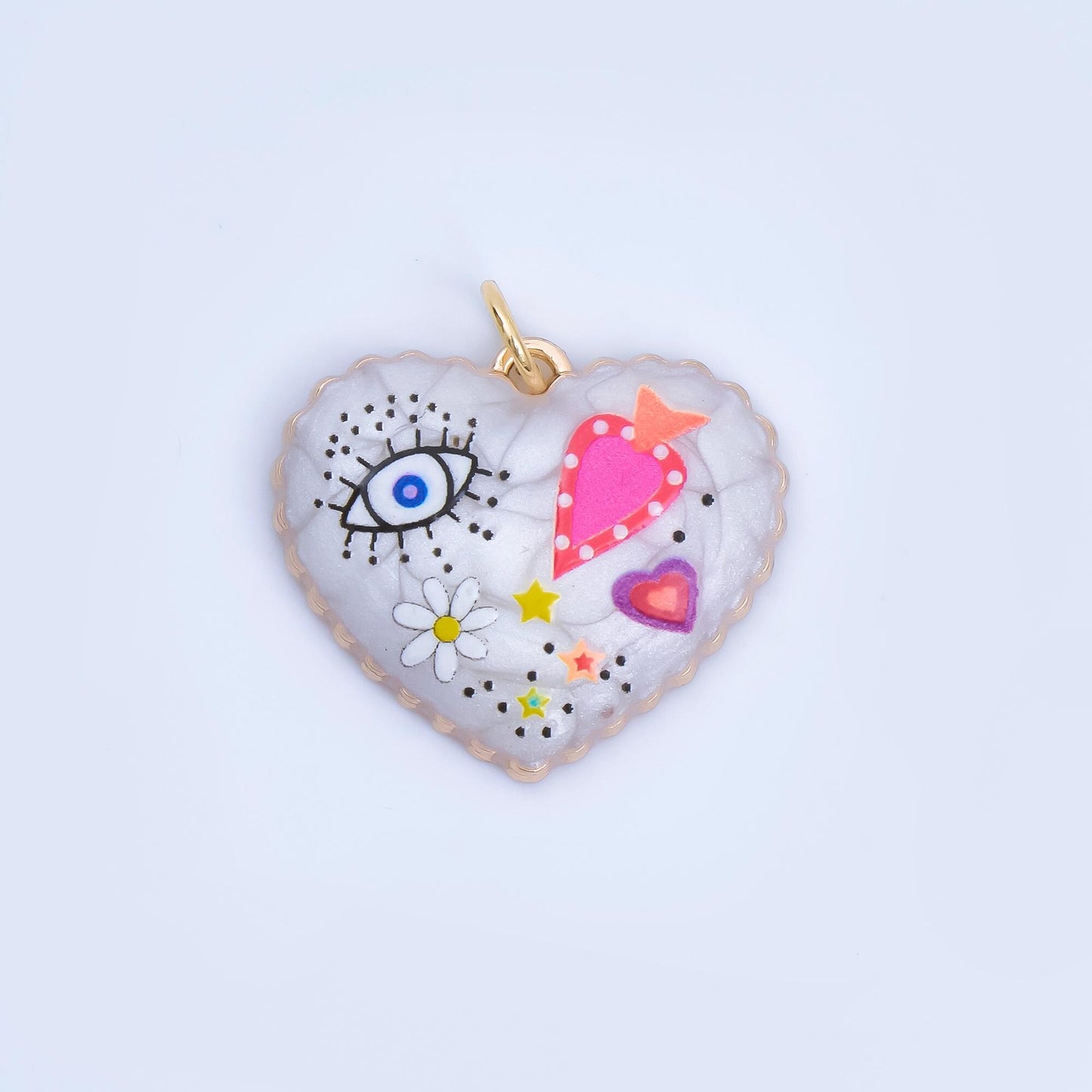 24K Gold Filled Heart Charm Graffiti Evil Eye flower charm heart Enamel pendant AJ-330