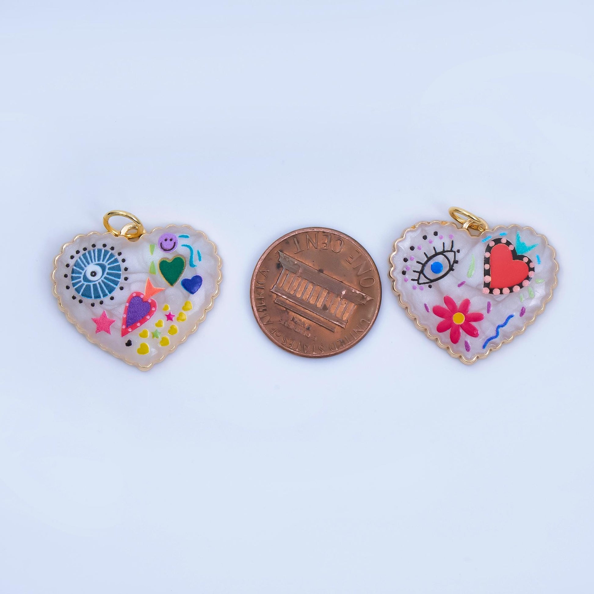 24K Gold Filled Heart Charm Graffiti Evil Eye flower charm heart Enamel pendant AJ-330