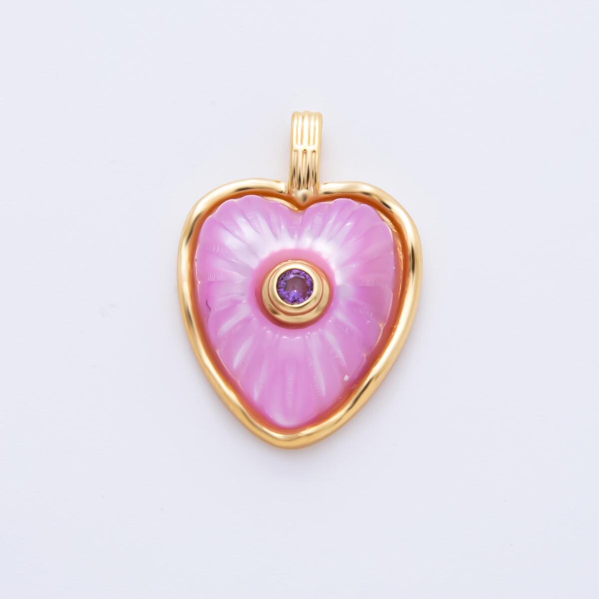 18K Gold Filled Multicolor Shell Pearl CZ Puffed Heart Pendant | ah897