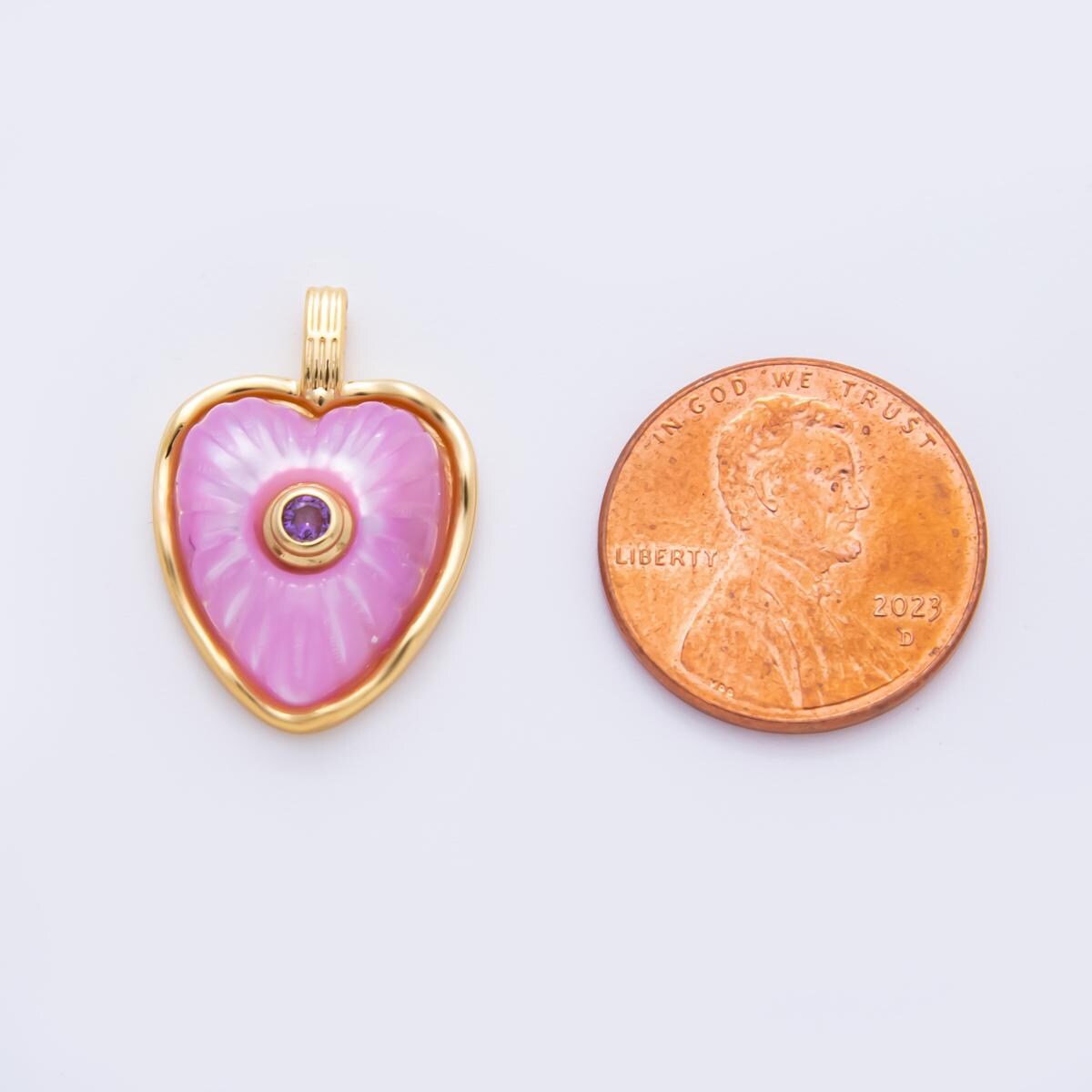 18K Gold Filled Multicolor Shell Pearl CZ Puffed Heart Pendant | ah897
