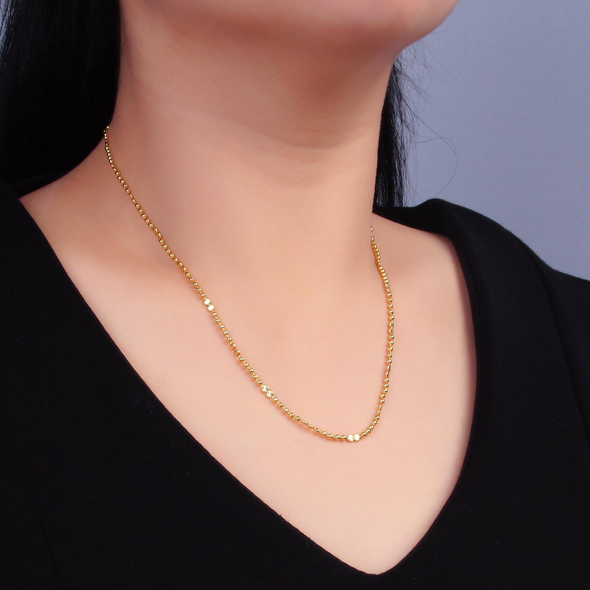 24K Gold Filled 2.5mm Faceted Bead Ball 17.5 Inch Chain Sunburst Necklace | WA-3238