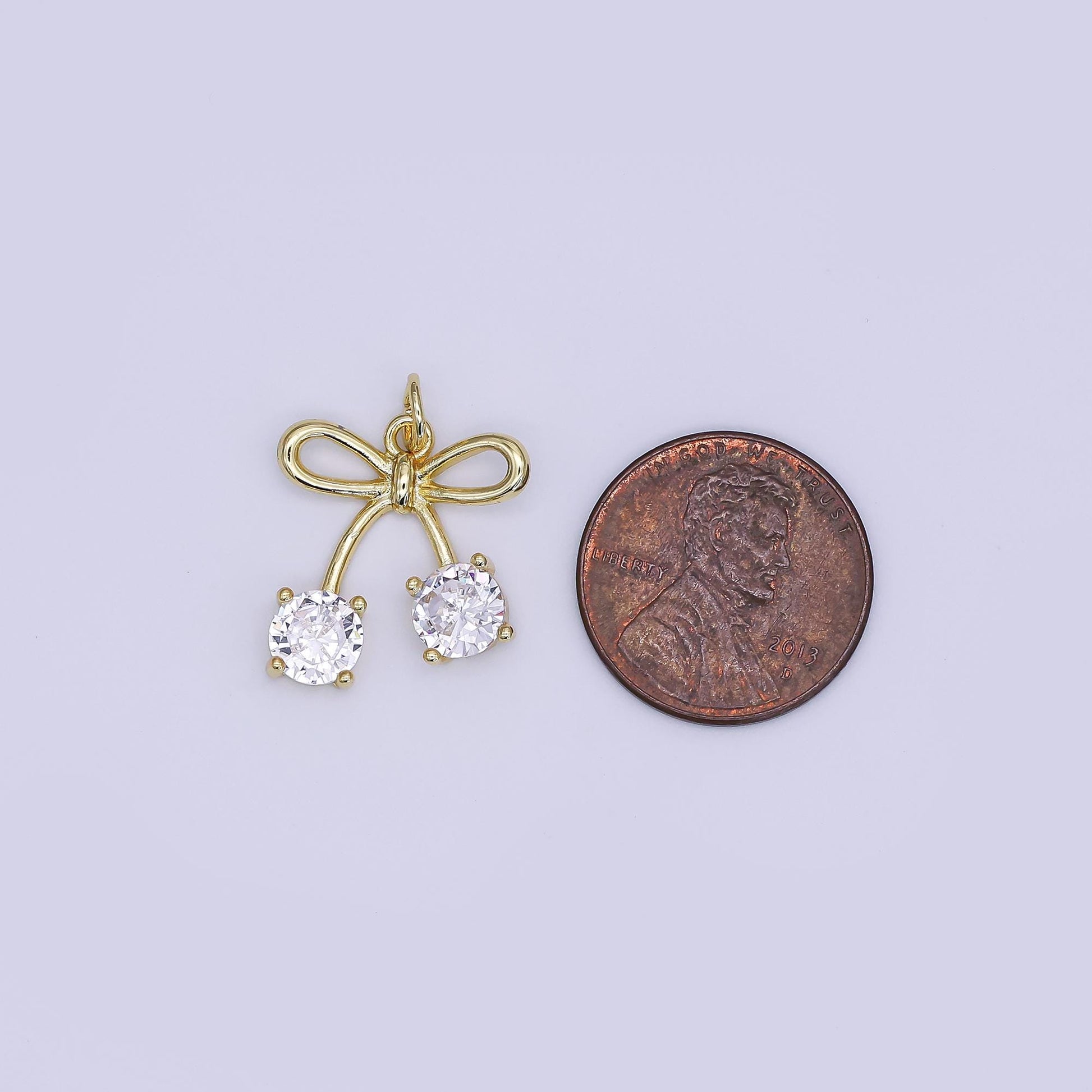 Mini CZ Pave Gold Cherry Charms Dainty 24k Gold Filled Open Bow Fruit Pendant for Bracelet Earring Necklace AJ-351