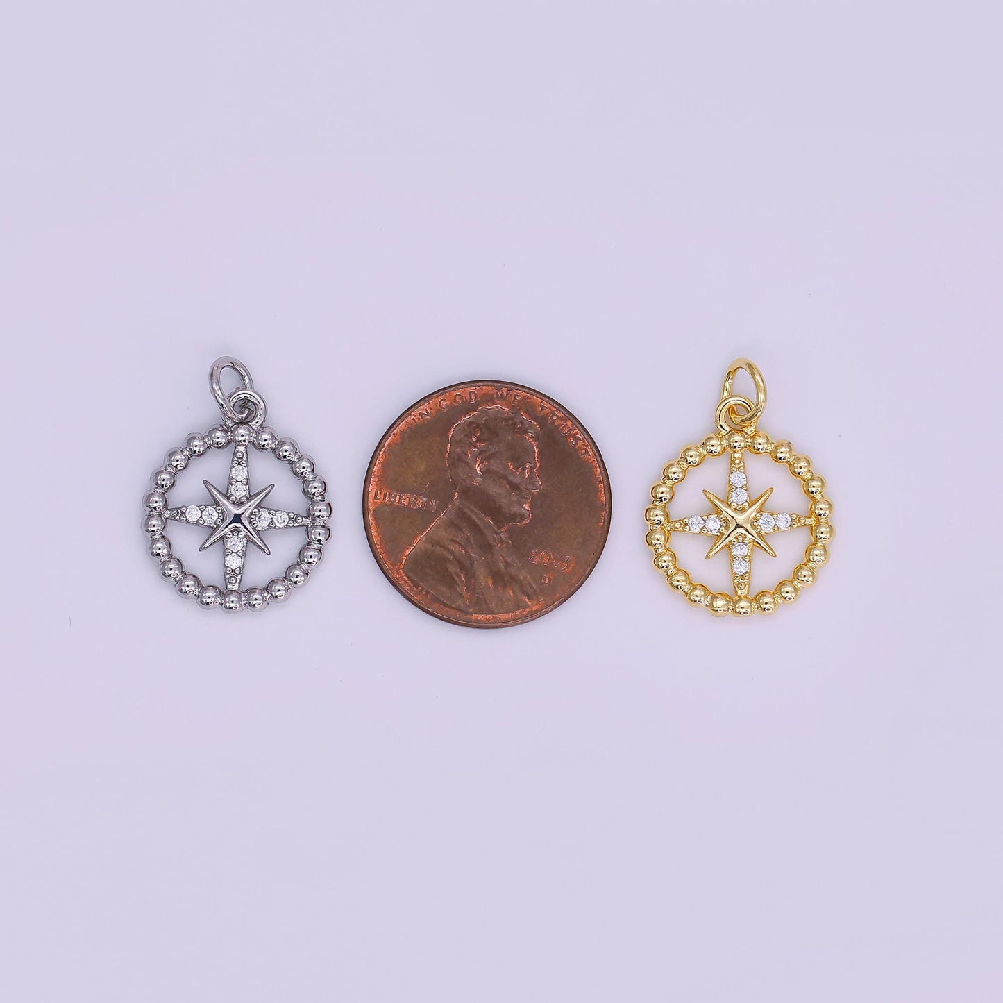 Gold & Silver Compass Star Pendant – Beaded Circle Design with Cubic Zirconia Accents AJ342
