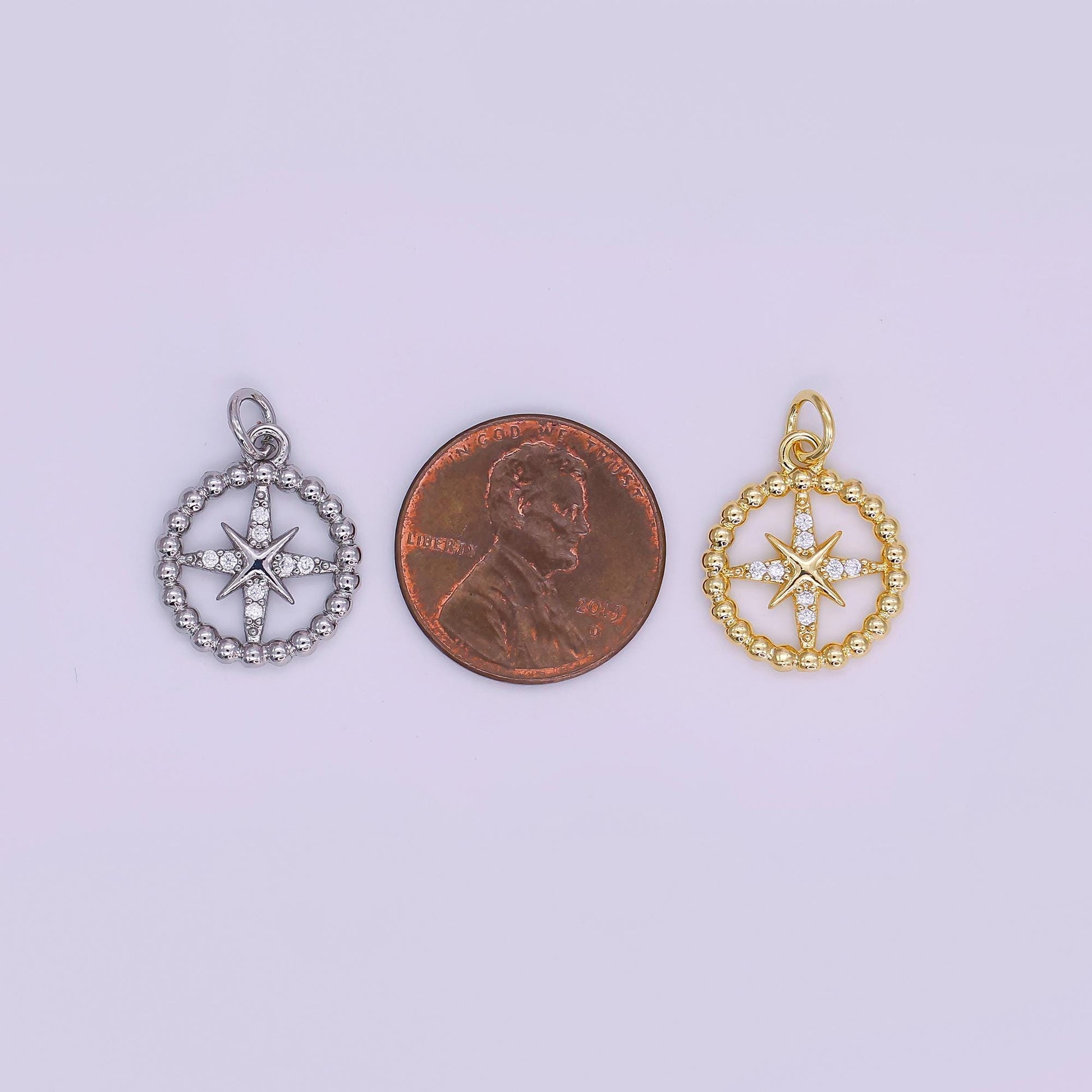 Gold & Silver Compass Star Pendant – Beaded Circle Design with Cubic Zirconia Accents AJ342