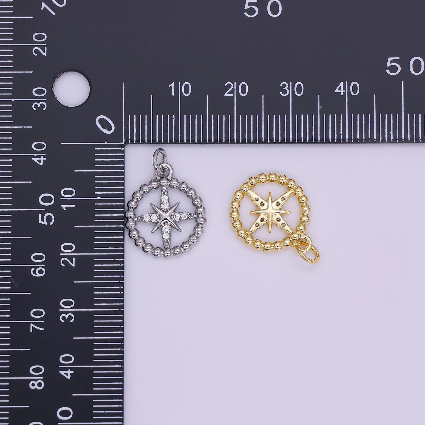 Gold & Silver Compass Star Pendant – Beaded Circle Design with Cubic Zirconia Accents AJ342