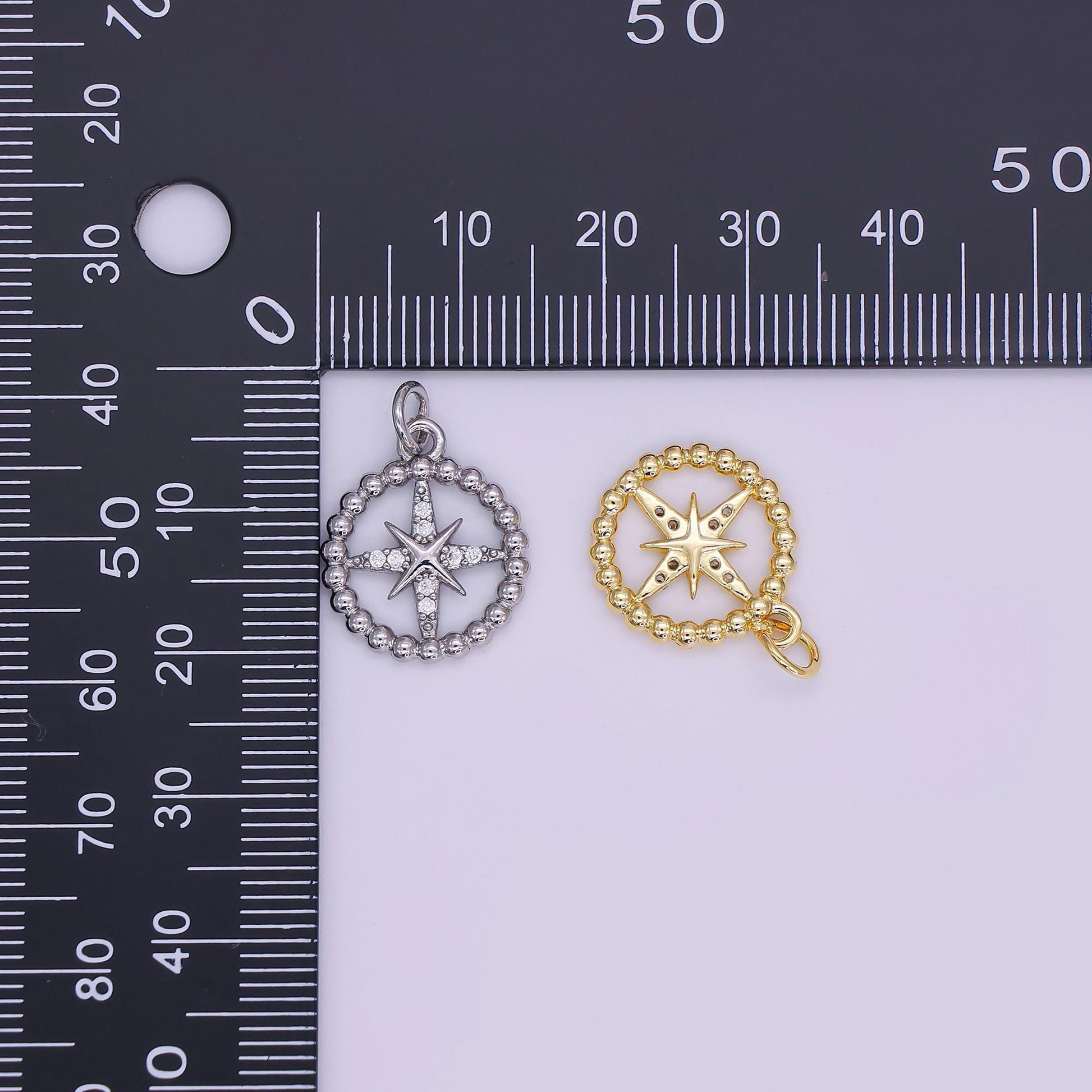 Gold & Silver Compass Star Pendant – Beaded Circle Design with Cubic Zirconia Accents AJ342
