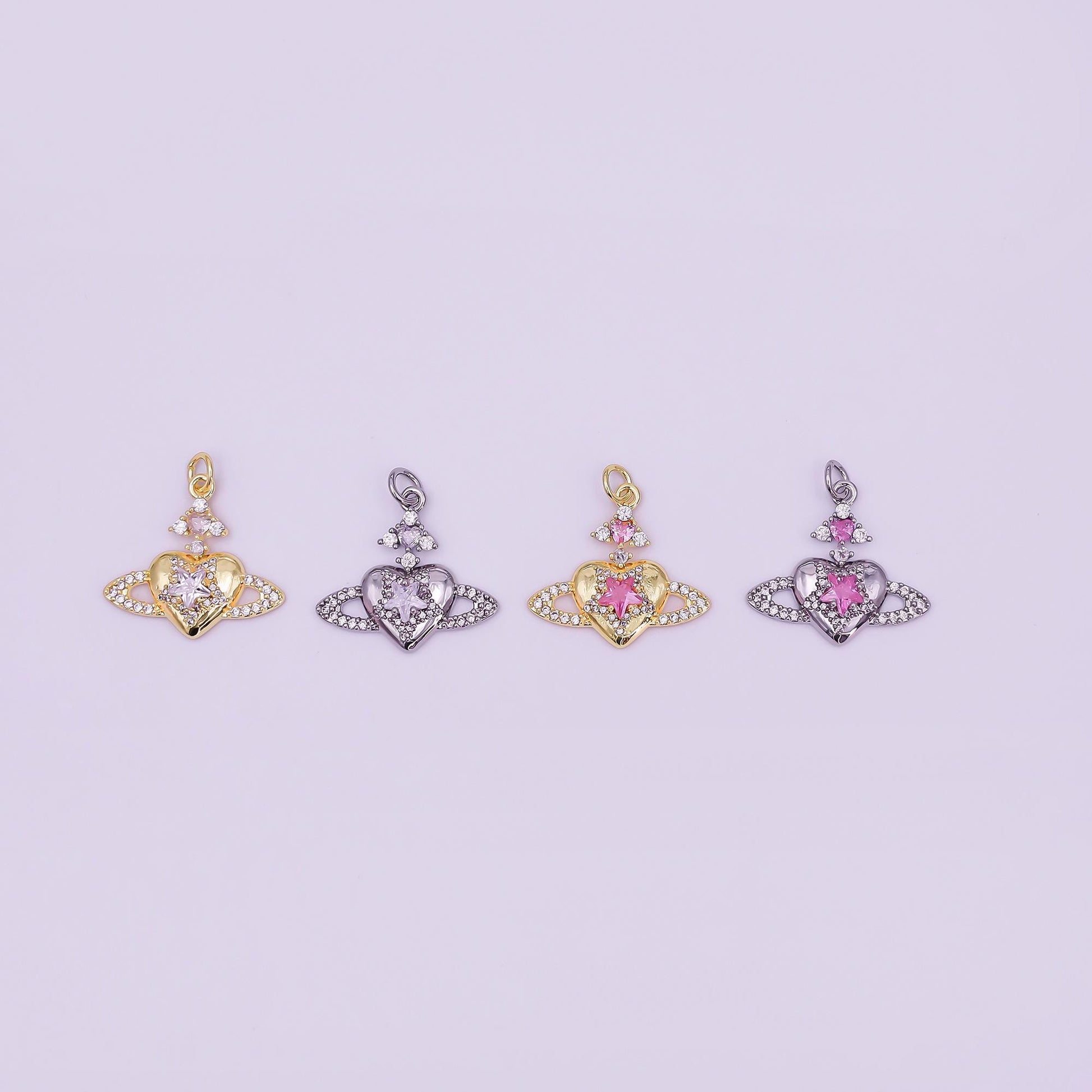 Mini CZ Pave Gold Heart Charms Dainty 24k Gold Filled Planet Heart Pendant for Bracelet Earring Necklace AJ-339