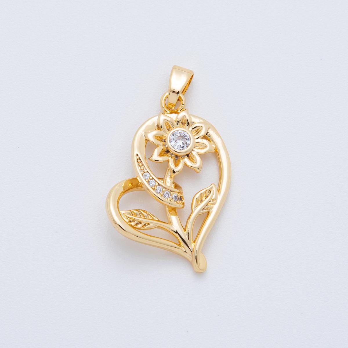 Gold Heart Flower Pendant with Cubic Zirconia – Elegant Floral Heart Necklace Charm, Romantic Jewelry Supply AH-804