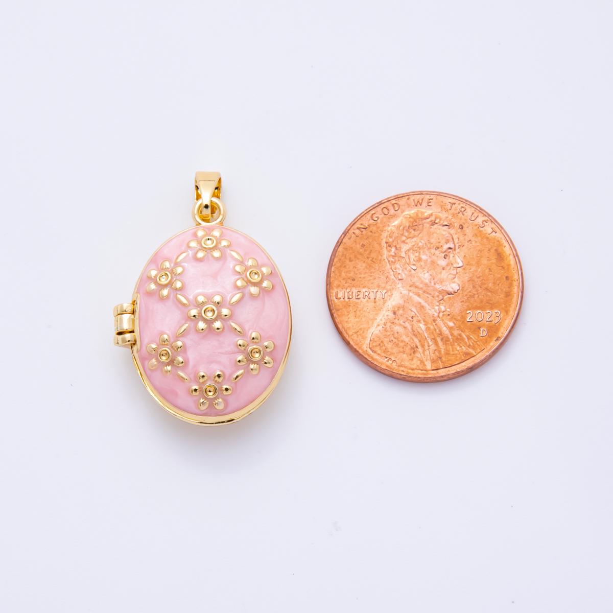 Enamel Pink White Oval Locket Pendant with Gold Floral Design – Vintage Style Keepsake Jewelry, Photo Locket Charm for Necklace AH-800