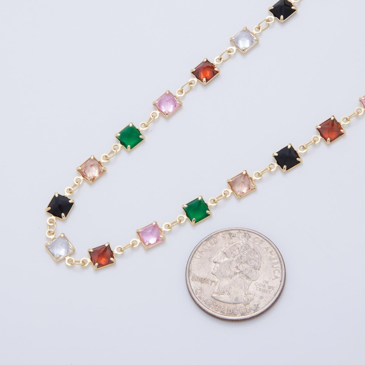 16K Gold Filled Square CZ Multicolor Chain Unfinished Chain by Yard | Roll-1604