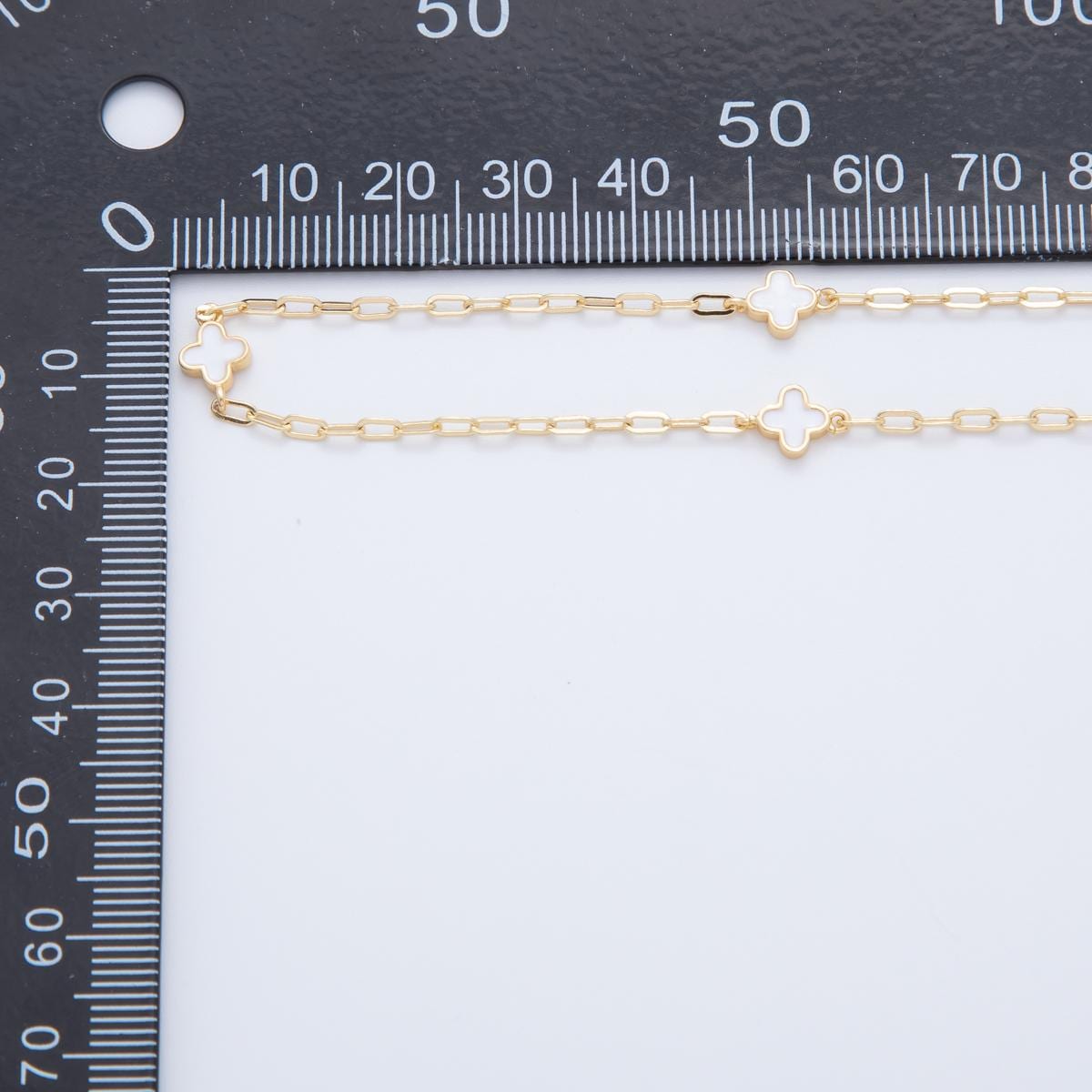 16K Gold fill Dainty Four-Leaf Lucky Quatrefoil Chain by Yard, Wholesale White Enamel Satellite Chain for Jewelry Making | ROLL-1592